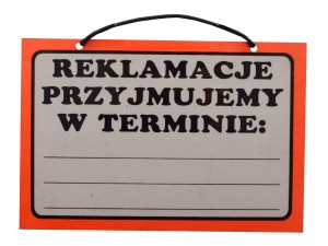 Tablica tabliczka REKLAMACJE PRZYJMUJEMY W TERMINIE POZIOMA A5
