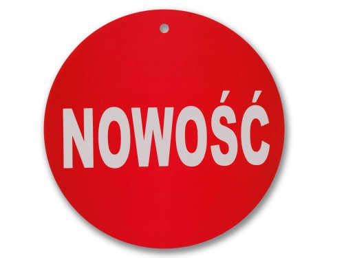Tablica tabliczka etykieta okrągła z napisami NOWOŚĆ