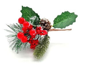 Dekoracja świąteczna, gałązka dekoracyjna, pik świąteczny z czerwonymi jagodami i szyszką, 1 szt.
