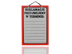 Tablica tabliczka REKLAMACJE PRZYJMUJEMY W TERMINIE PIONOWA A5