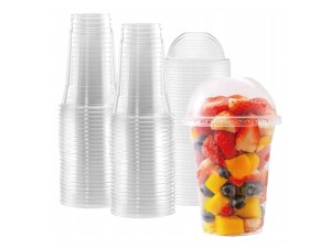 Kubki plastikowe 500 ml z wieczkiem wypukłym bez dziurki, REUSE, kubki do deserów, owoców, granity, budyniu i owsianek, 50 szt.