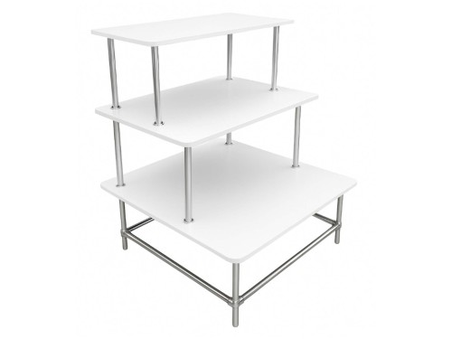 Regał ekspozycyjny 3-poziomowy z półkami, piramida "schodki" biały.jpg