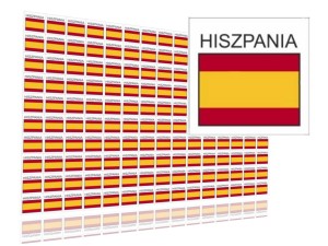 Naklejki flagi Hiszpanii, etykiety samoprzylepne wodoodporne, Flaga + napis HISZPANIA, arkusz 150 szt.