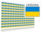 Naklejki flagi Ukrainy, etykiety samoprzylepne wodoodporne, Flaga + napis UKRAINA, arkusz 150 szt.