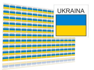 Naklejki flagi Ukrainy, etykiety samoprzylepne wodoodporne, Flaga + napis UKRAINA, arkusz 150 szt.