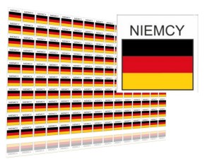Naklejki flagi Niemiec etykiety samoprzylepne wodoodporne, Flaga + napis NIEMCY, arkusz 150 szt.