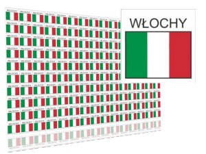 Naklejki flagi Włoch, etykiety samoprzylepne wodoodporne, Flaga + napis WŁOCHY, arkusz 150 szt.