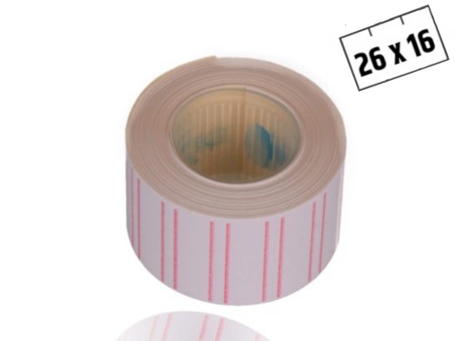 Taśma, metka metki do metkownicy dwurzędowej 26x16mm biała z czerwonym paskiem montip.jpg