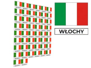 Naklejki flagi Włoch, etykiety samoprzylepne wodoodporne, Flaga + napis WŁOCHY, arkusz 50 szt.