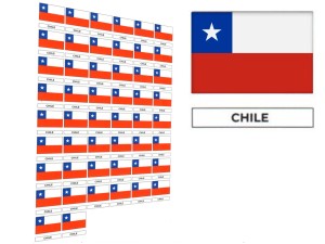 Naklejki flagi Chile, etykiety samoprzylepne wodoodporne, Flaga + napis CHILE, arkusz 50 szt.