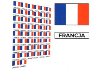 Naklejki flagi Francji, etykiety samoprzylepne wodoodporne, Flaga + napis FRANCJA, arkusz 50 szt.