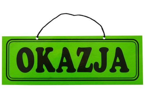 Tabliczka z napisami OKAZJA