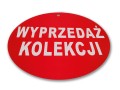Tablica tabliczka z napisami WYPRZEDAŻ KOLEKCJI kartonowa okrągła