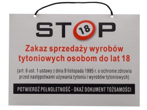 Tablica tabliczka ZAKAZ SPRZEDAŻY WYROBÓW TYTONIOWYCH OSOBOM DO LAT 18 A4