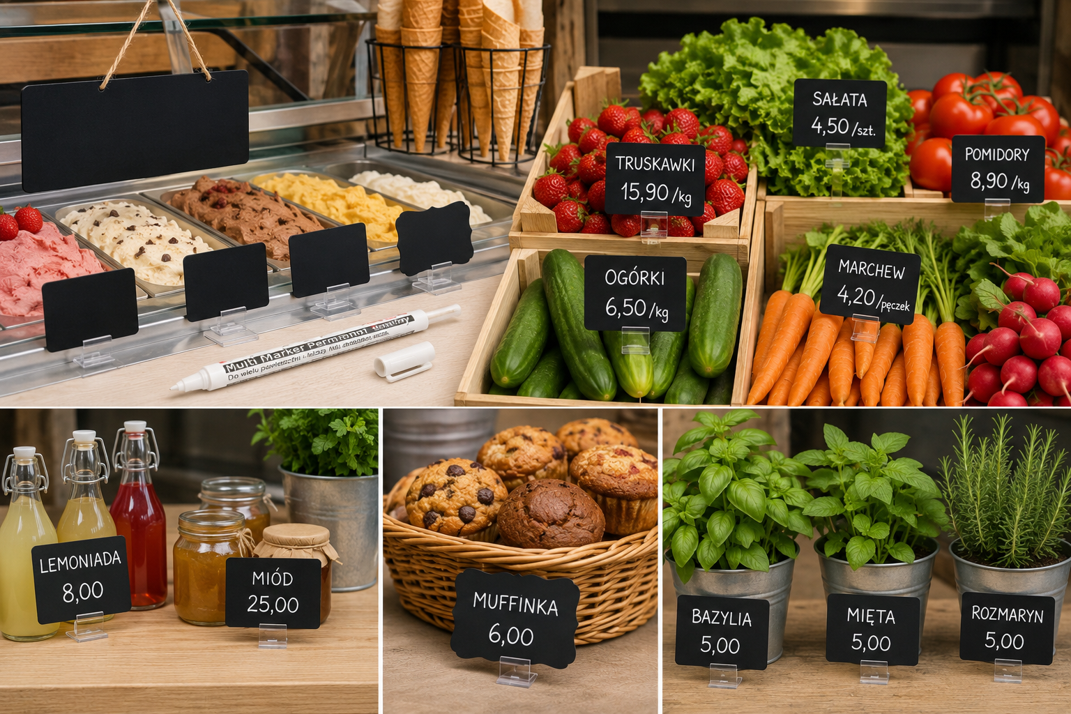 Cenówki kredowe i tabliczki do sklepów oraz gastronomii - idealne do warzywniaków, lodziarni i sprzedaży sezonowej.